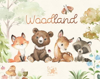 Skogsmark. Små djur i akvarell clipart, räv, björn, rådjur, tvättbjörn, blommor, babyshower, skog, vild, skog, bebis, barnrum