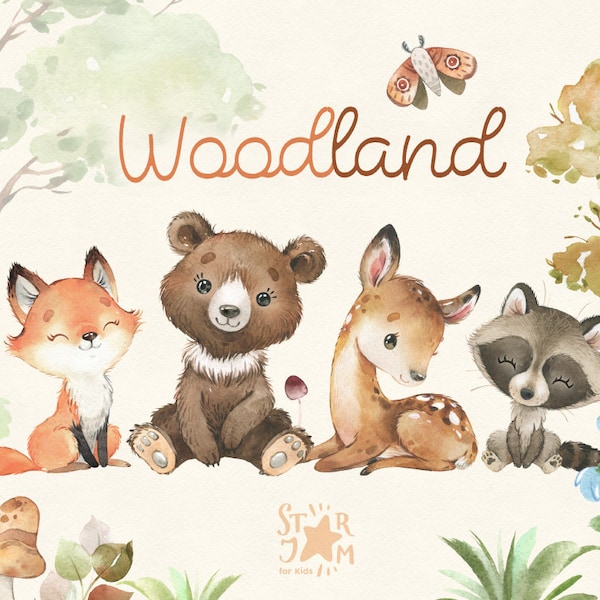 森。小さな動物の水彩画のクリップアート、キツネ、クマ、鹿、アライグマ、花柄、ベビーシャワー、森、野生、森林、赤ちゃん、保育園