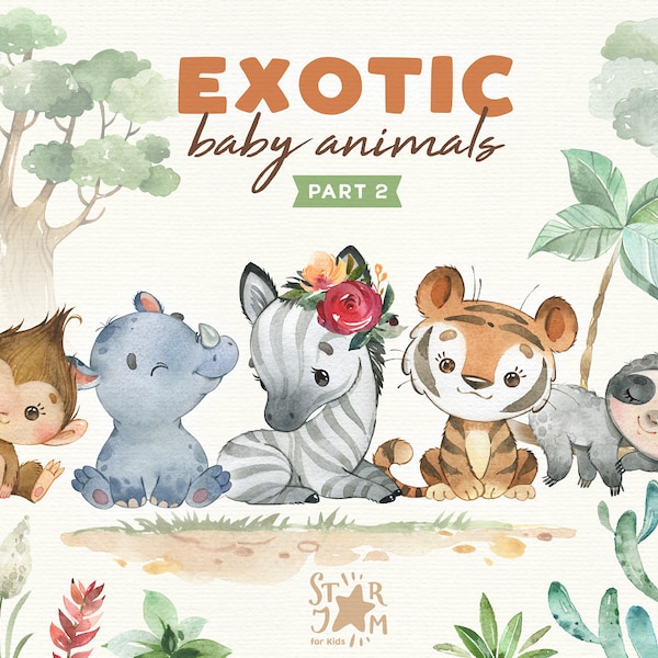 Exotic Baby Animals 2. Watercolor animals clipart, zebra, tiger, rhino, monkey, sloth, flowers, greeting, safari, jungle, floral, Africa