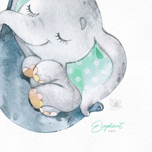 Elephant Baby Mint. Watercolor Little Animal Clipart, Africa, Neutral ...