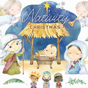 キリスト降誕のクリスマス。水彩画のクリップアート、休日、シーン、幼子イエス、天使、聖母マリア、聖書、カード、聖夜、賢者、魔法、キリスト教徒