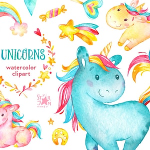 May include: Watercolor clipart featuring unicorns, rainbows, stars, and hearts. The image includes a blue unicorn with a pink and yellow mane, a pink unicorn, and a yellow unicorn. The text "UNICORNS watercolor clipart" is also present.