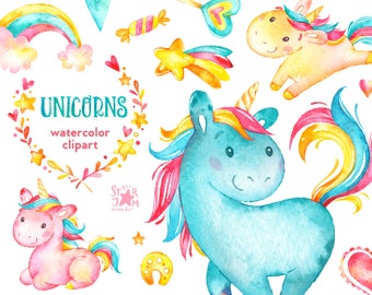 Unicorns. Watercolor clip art, rainbow, hearts, flowers, stars, candy, horses, characters, greeting, invite, wreath, diy, flowers, baby