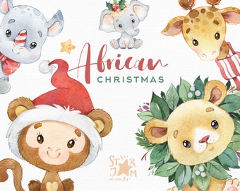 African Christmas. Watercolor animals clipart, elephant, giraffe, lion, snake, rhino, monkey, safari, holiday, tropical, baby-shower, card