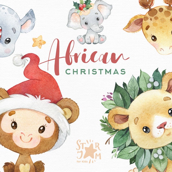 African Christmas. Watercolor animals clipart, elephant, giraffe, lion, snake, rhino, monkey, safari, holiday, tropical, baby-shower, card