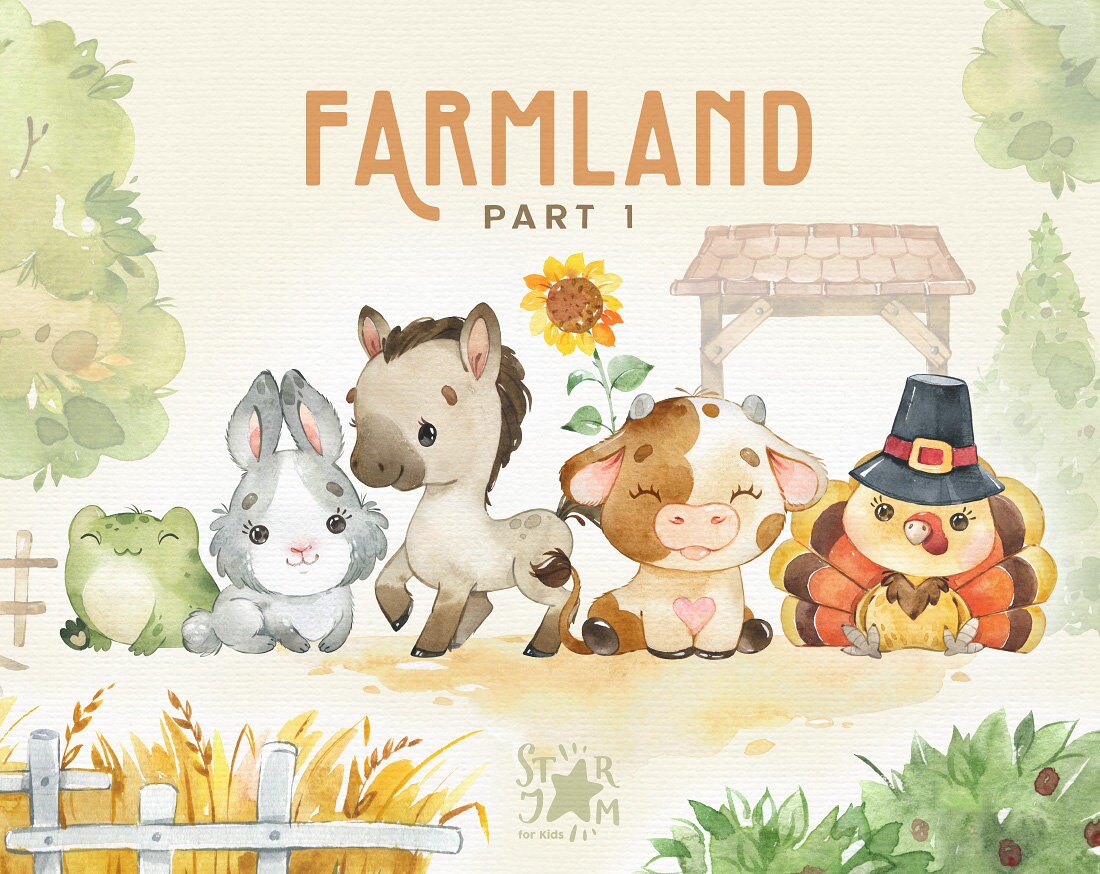Farmland. Watercolor country clipart, horse, cow, rabbit, turkey, frog, little animals, household, printable card, baby shower, thanksgiving