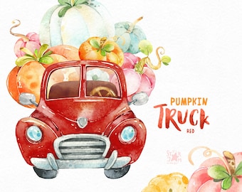 Pumpkin Truck Red. Watercolor Fall clipart, halloween, thanksgiving, autumn, burgundy, harvest, car, pumpkin patch, farm, vintage, kids, diy