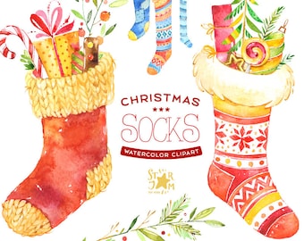 Calcetines de Navidad. Acuarela clipart, invierno, regalo, bricolaje, calcetines de lana, decoraciones, año nuevo, alegre, temporada, vacaciones, bebé, lindo, niños, cálido