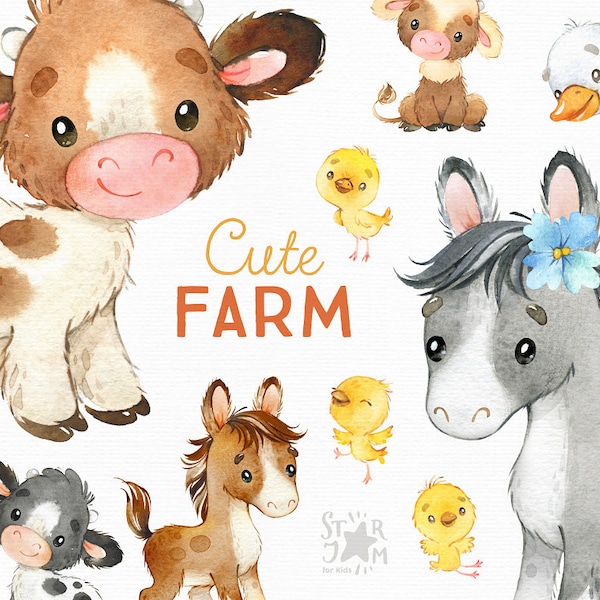 Cute Farm. Watercolor country clipart, horse, cow, chicken, goose, fun, little animals, household, harvest, baby shower, calf, foal, chick