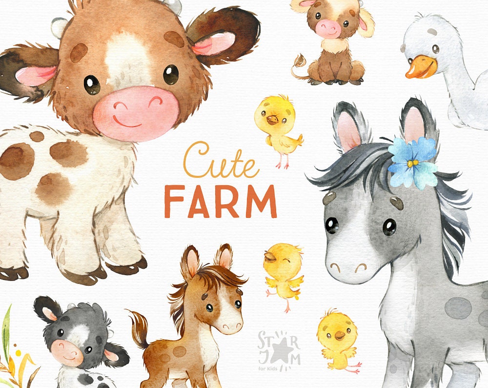 Cute Farm. Watercolor Country Clipart Horse Cow Chicken Etsy
