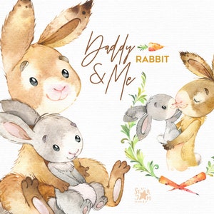 Daddy & Me. Rabbit Watercolor animals clipart, father, hugs, family, hare, bunny, father's day, floral, carrot, wreath, baby-shower, nursery