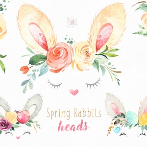 Frühlingskaninchen Köpfe. Aquarell Oster clipart, Eier, Krone, Hase, Kind, rosa, geblümt, Maske, Pfingstrose, Blumen, Kinder, Baby, Baby-Dusche