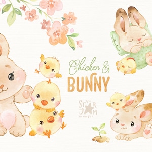 Huhn & Hase. Aquarell Clipart, Hase, Kind, Mädchen, Junge, Ostern, geblümt, Blumen, schön, Kinder, Baby, Babyparty, Kranz, Geburtstag, Ei