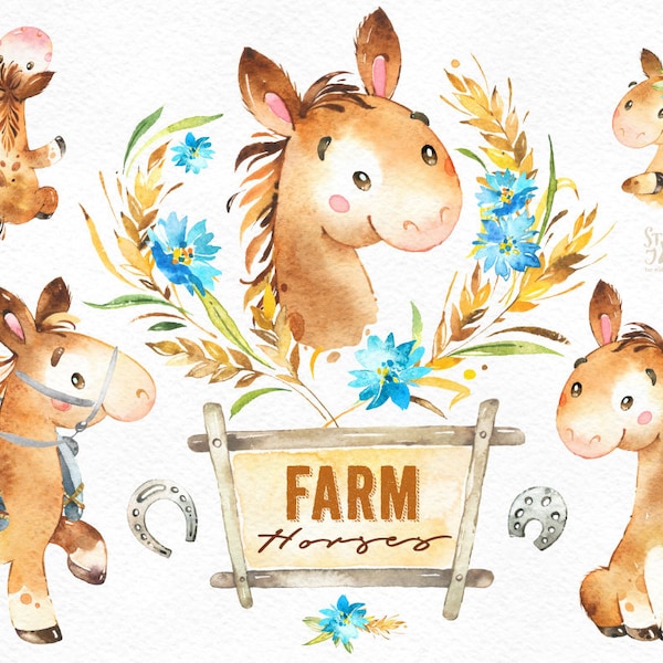 Farm. Horses. Watercolor country clipart, horse cart, hobbyhorse, floral wreath, foal, horseshoe, colt, household, harvest, thanksgiving