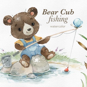 Bear Cub Fishing. Little animals watercolor artwork, png, clip art, teddy, birthday, svg, sublimation, printable card, nursery decor, rod