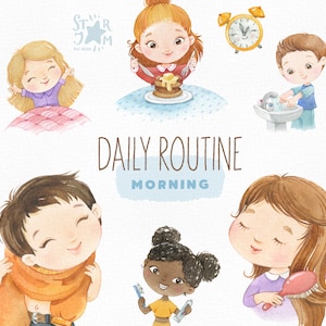 Dagelijkse routine. Ochtend. Aquarel handbeschilderde clipart, ontbijt, tandenpoetsen, voorschoolse png, dagelijkse activiteiten voor kinderen, onderwijs afdrukbaar