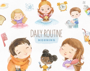 Daily Routine. Morning. Watercolor handpainted clipart, breakfast, tooth brushing, preschool png, kids daily activities, education printable