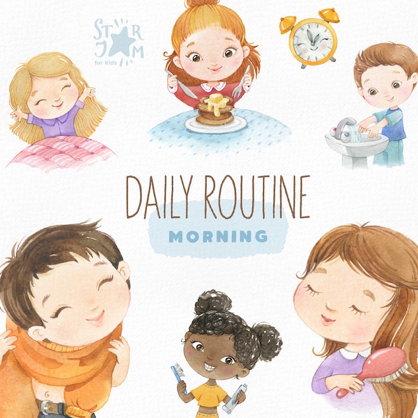 Daily Routine. Morning. Watercolor handpainted clipart, breakfast, tooth brushing, preschool png, kids daily activities, education printable