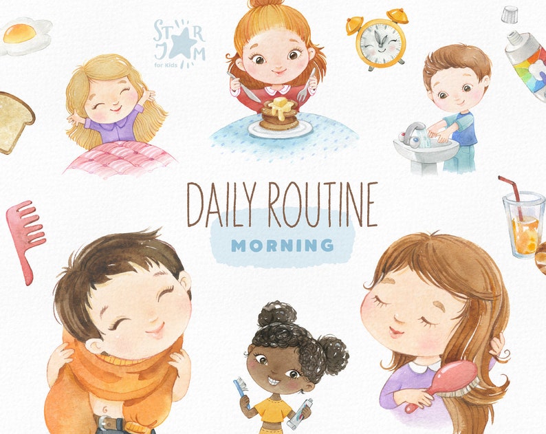 Daily Routine. Morning. Watercolor handpainted clipart, breakfast, tooth brushing, preschool png, kids daily activities, education printable image 1