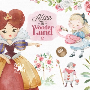 Alicja w Krainie Czarów 2. Akwarela clipart, Królowa Kier, Flaming, bajka, róże, magia, cliparty Alicji, dekoracja na imprezę, PNG