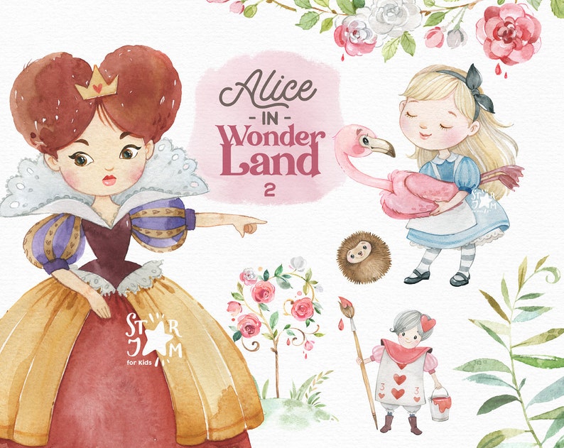Alice in Wonderland 2. Watercolor clipart, Queen of Hearts, flamingo, fairytale, Roses, magic, Alice's clipart, decoration for party, png image 1