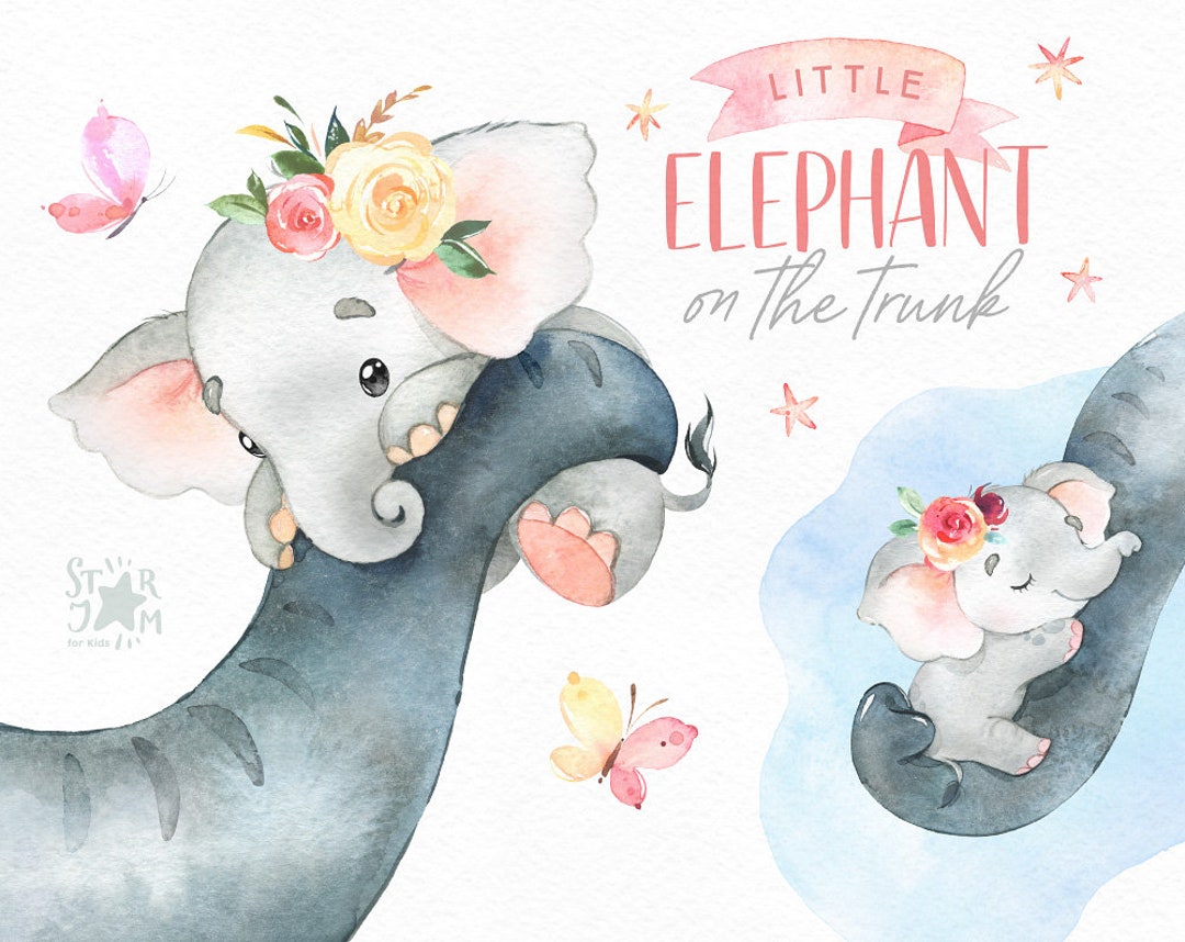 Little Elephant on the Trunk. Babygirl. Watercolor Little -  Israel