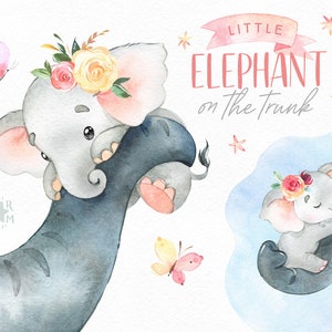 Kleiner Elefant am Rüssel. Babygirl. Aquarell Tier Clipart, Blume, Geburtstag, rosa, Baby-Born, Baby-Shower, Traum, Schmetterlinge