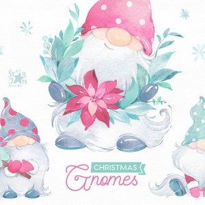 Natale Gnomi Acquerello chiaro clipart, nordico, scandinavo, delicato, inverno, albero, neve, fiaba, vacanza, natale, bambino, carte, ghirlanda