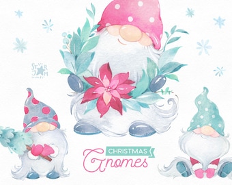 Christmas Gnomes Light Watercolor clipart, Nordic, Scandinavian, delicate, winter, tree, snow, fairytale, holiday, xmas, baby, cards, wreath