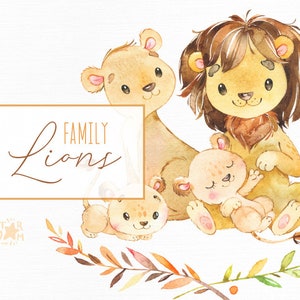 Família Leões. Clipart de pequenos animais em aquarela, filhotes mãe pai leão, menina, abraços, coroa de amor aniversário, saudação, bebê nascido, chá de bebê