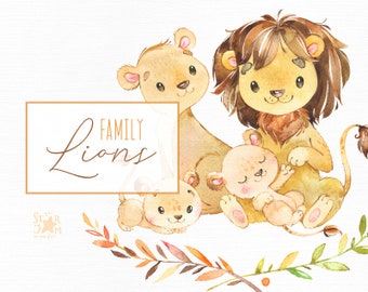Lions Family. Watercolor little animal clipart, cubs mother father lion, girl, hugs, wreath love birthday, greeting, baby born, baby-shower