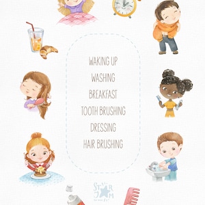 Daily Routine. Morning. Watercolor handpainted clipart, breakfast, tooth brushing, preschool png, kids daily activities, education printable image 4