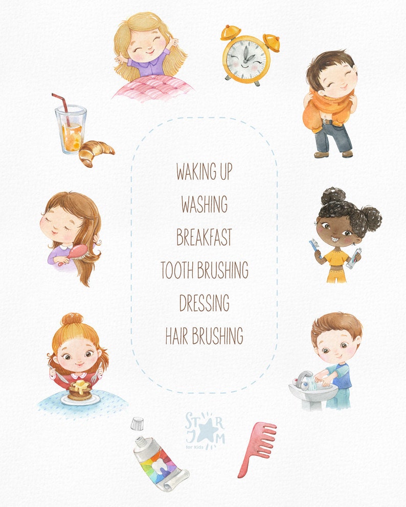 Daily Routine. Morning. Watercolor handpainted clipart, breakfast, tooth brushing, preschool png, kids daily activities, education printable image 4