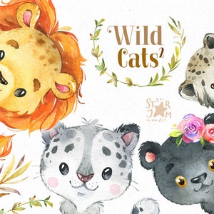 Gatos salvajes 2. Acuarela pequeño animal clipart, León, Leopardo de las nieves, Pantera negra, Pallas, cachorro, bebé, flores, corona, cumpleaños, baby-shower