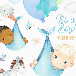 Es ist ein Junge! Neugeborenes. Aquarell Clipart, Storch, kleiner Junge, Pferd, Schöpfer, Luftballon, Schleife, blau, Geburtstag, Baby-Dusche