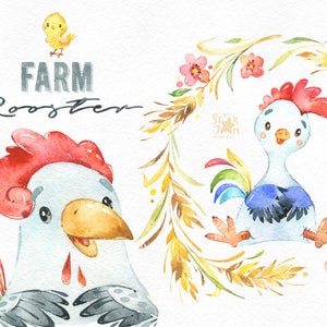 以下が含まれることがあります： 水彩画のイラストで、雄鶏とひよこが描かれています。雄鶏は赤い鶏冠、黄色のくちばし、青とグレーの羽を持っています。「FARM Rooster」の文字が上にあります。花のリースが2羽目の雄鶏を囲んでいます。