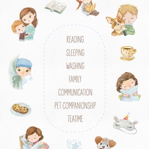 Daily Routine. Evening. Watercolor hand-painted clipart, reading, sleeping, preschool png, kids evening activities, education printable image 3