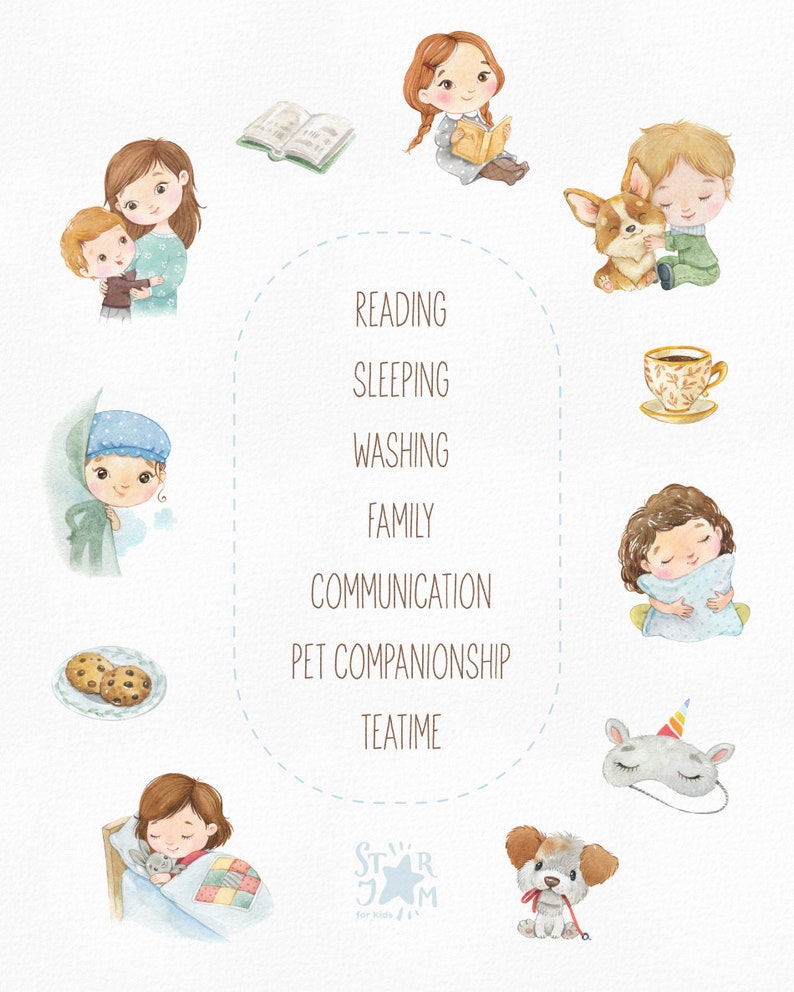 Daily Routine. Evening. Watercolor hand-painted clipart, reading, sleeping, preschool png, kids evening activities, education printable image 3