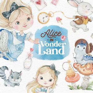 Alicja w Krainie Czarów. Akwarela clipart, biały królik, bajka, kot z Cheshire, gąsienica, magiczny, grzyby, wystrój, pokój dziecięcy, png, dziewczyna