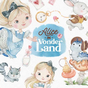 Alice in Wonderland. Watercolor clipart, white rabbit, fairytale, Cheshire cat, caterpillar, magical, mushrooms, decor, nursery, png, girl