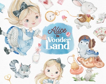 Alice in Wonderland. Watercolor clipart, white rabbit, fairytale, Cheshire cat, caterpillar, magical, mushrooms, decor, nursery, png, girl