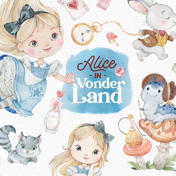 Alice au pays des merveilles. Clipart aquarelle, lapin blanc, conte de fées, chat du Cheshire, chenille, magique, champignons, décor, pépinière, png, fille