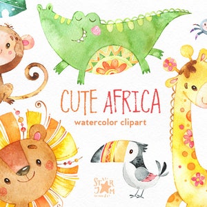 Cute Africa. Watercolor animals clipart, lion, giraffe, crocodile, monkey, bird, pineapple, greeting, invite, jungle, floral, leaves, baby