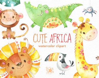 Cute Africa. Watercolor animals clipart, lion, giraffe, crocodile, monkey, bird, pineapple, greeting, invite, jungle, floral, leaves, baby