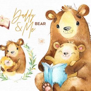 Papa & Moi. Ours Aquarelle animaux clipart, père, câlins, livres, lecture, famille, bois, fête des pères, fleur, baby-shower, art de la crèche