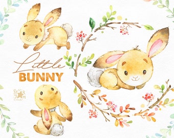 Little Bunny. Cute animal clipart, watercolor, woodland, forest, wreath, floral, greeting, invite, babyshower, kids, nice, wild, fxbn