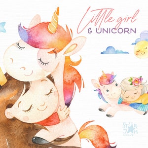 Kleines Mädchen & Einhorn. Aquarell Magie Clipart, Traum, Mädchen, Prinzessin, printable, schlafend, png, Kinderzimmer, Baby-Dusche, beste Freundin, Dekor