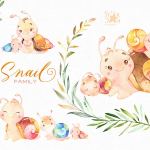 Schneckenfamilie. Aquarell Tier Clipart, Mutter, floral, Liebe, niedlich, Junge, Mädchen, lustig, Kranz, Geburtstag, Gruß, Baby, Baby-Dusche