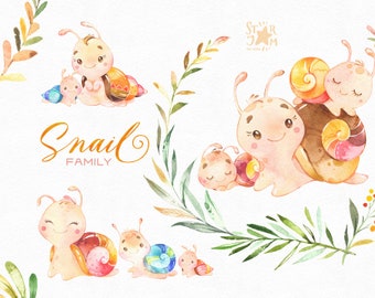 Snail Family. Watercolor little animal clipart, mother, floral, love, cute, boy, girl, funny, wreath, birthday, greeting, baby, baby-shower