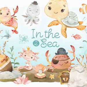 In de zee 2. Aquarel clipart, octopus, schildpad, onderwater, krab, garnalen, zeewier, vis, oceaan, onderzees, aquarium, babyshower, kinderkamer